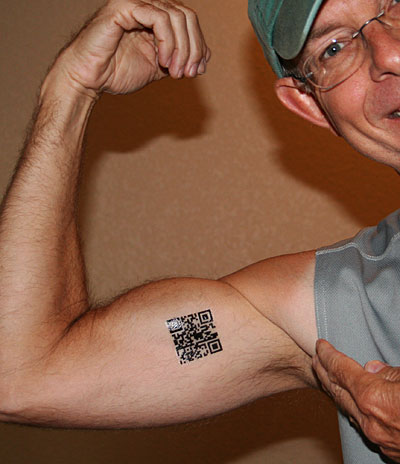 Photo of my Fire Ant Gazette URL QR tattoo