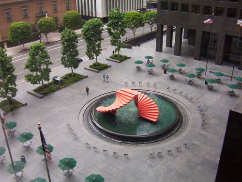 Herbert Bayer's 'Double Ascension' sculpture installation at ARCO Plaza in Los Angeles