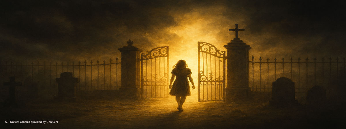 AI-generated graphic showing girl exiting a cemetery, and walking toward a bright light.