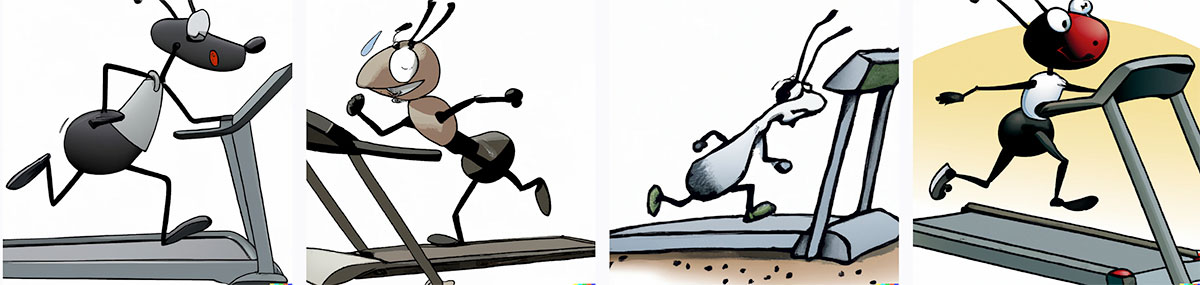 Cartoons generated by Dall-E 2: Ants on treadmills