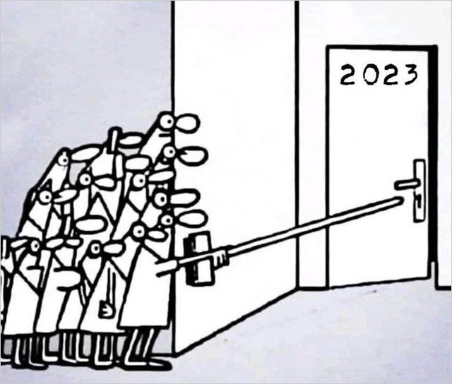 Cartoon: Poking a door labeled '2023' with a stick