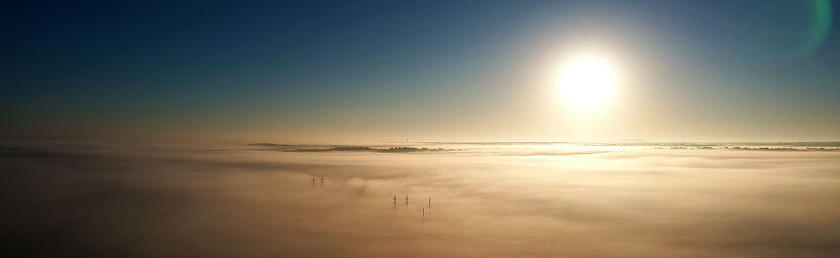 Sunrise on a foggy morning via drone in Horseshoe Bay, Texas