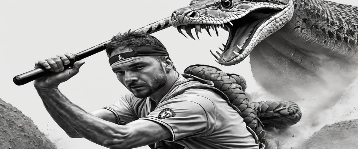 AI-generated black and white image of a rattlesnake attacking a baseball player
