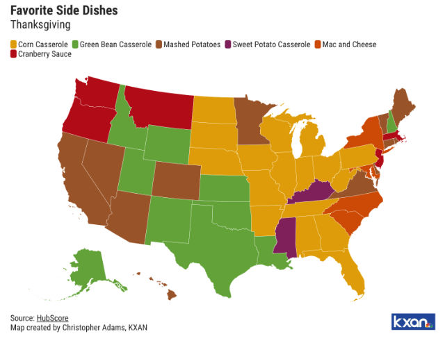 Map showing favorite Thanksgiving side dishes by state