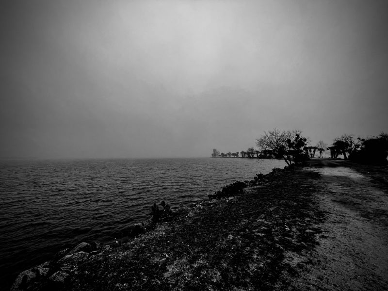 Black and White photo of an obscured sunrise over Lake LBJ