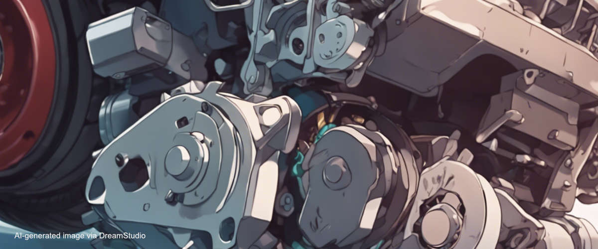 AI-generated anime-style poster of engine parts
