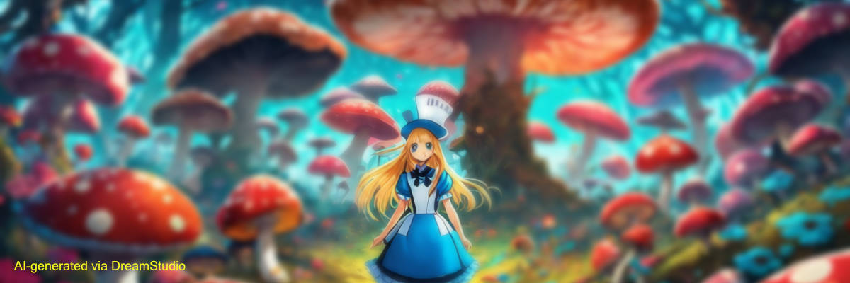 AI-generated image of Alice in Wonderland amidst a field of huge, colorful mushrooms