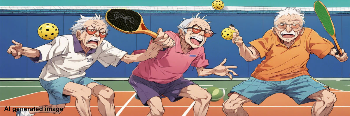 AI-generated image of three crazy old men playing pickleball