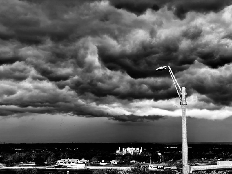 B&W photo - storm clouds over Marble Falls, TX