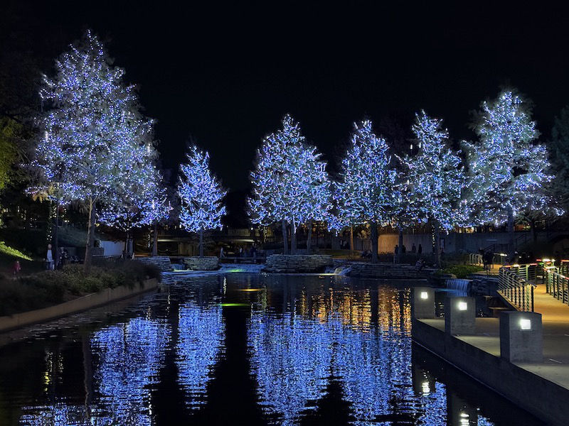 Photo: lighted trees on the San Antonio River at Christmas -- near the Hotel Emma