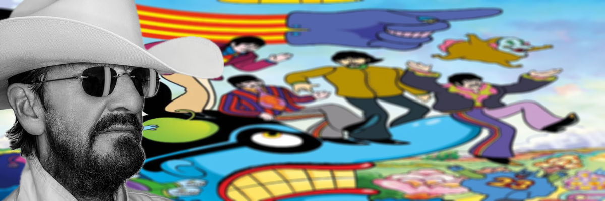 Composite of Ringo Starr's photo from 'Look Up' with a cartoon evoking 'Yellow Submarine' in the background