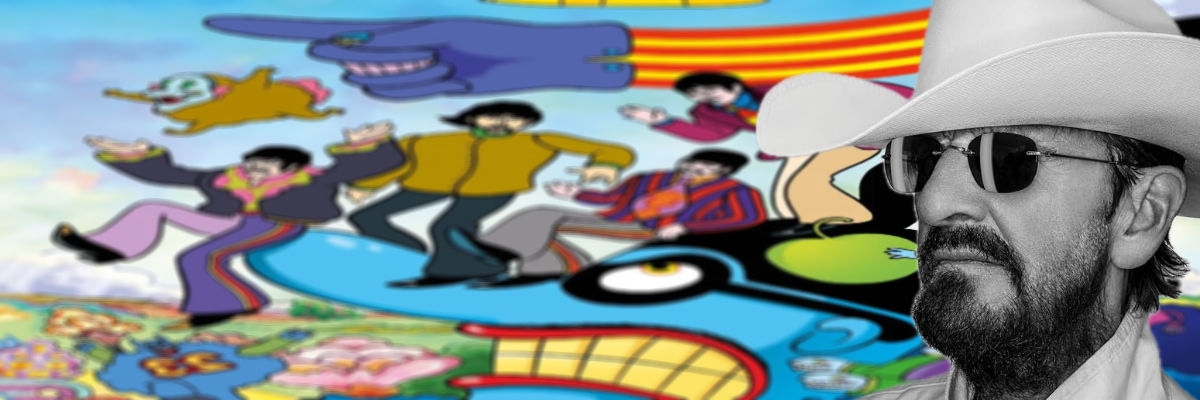 Composite of Ringo Starr's photo from 'Look Up' with a cartoon evoking 'Yellow Submarine' in the background