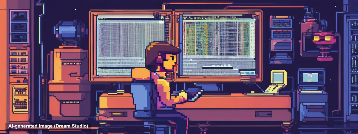 AI-generated image of computer coder (pixel art style)