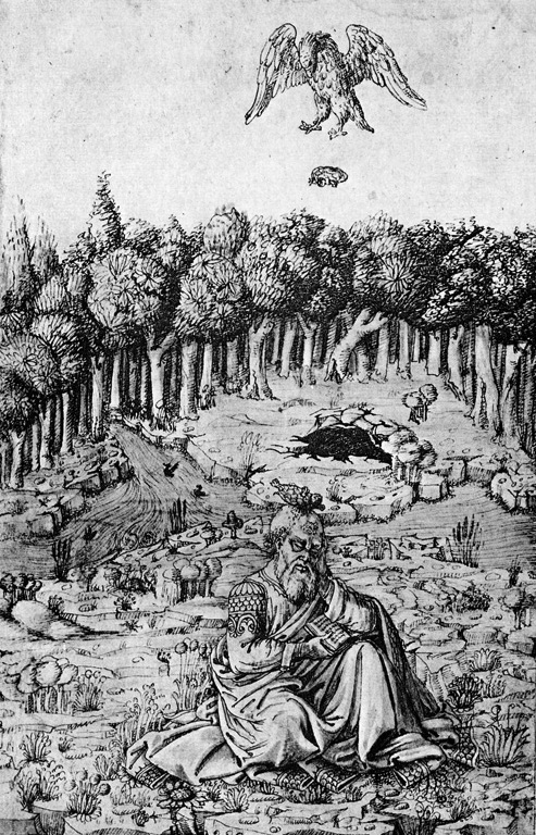 Black and white drawing depicting the dropping of a tortoise on the head of Aeschylus
