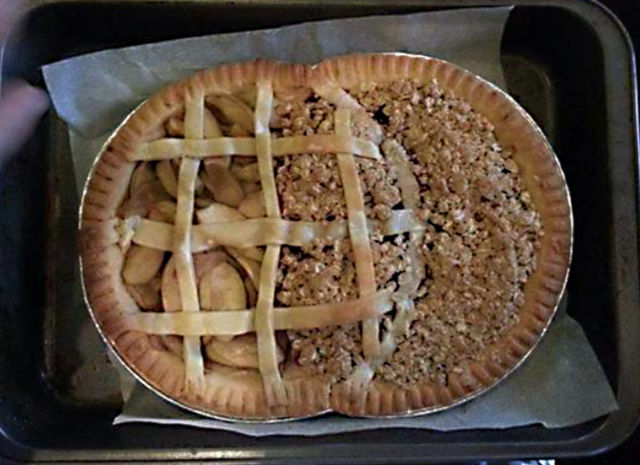 Photo of two pies merged together to form a sort of Venn Diagram