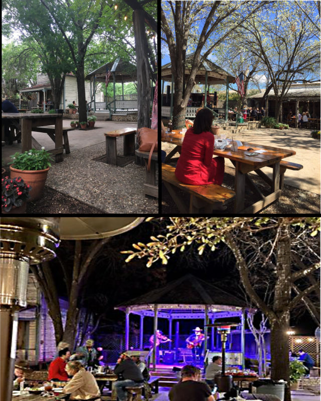 Photo collage: Outdoor eating/dancing area at Hondo's