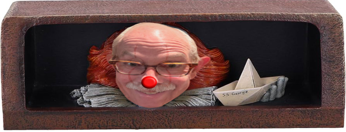 Mockup as me in a storm drain, looking like Pennywise the evil clown