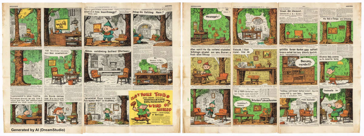 AI-generated comic strip depicting a furniture workshop staffed by fantasy creatures