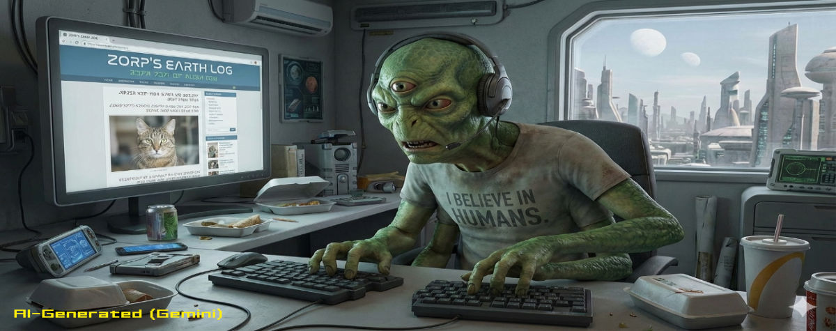 AI-generated (Gemini) image of an alien blogger