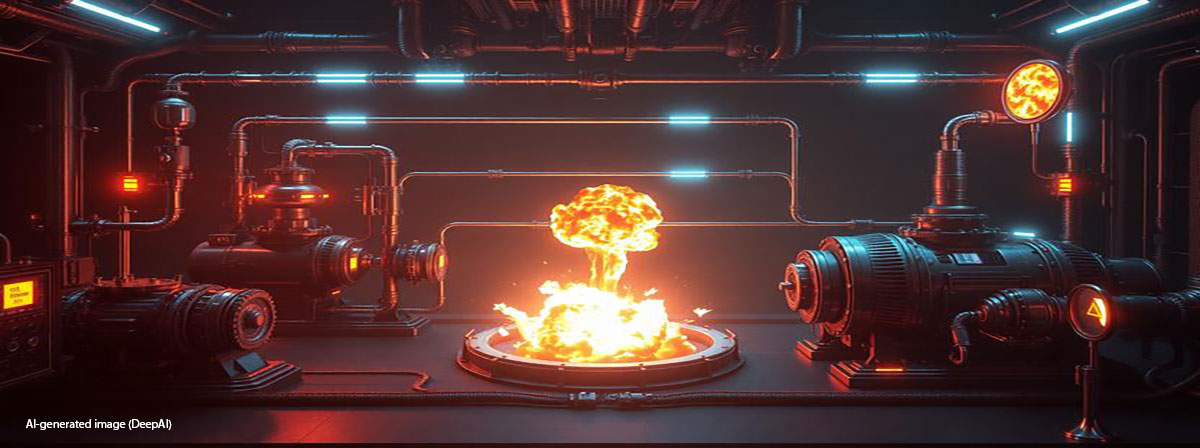 AI-generated image; stylized gas centrifuges enriching uranium and leading to a stylized nuclear blast
