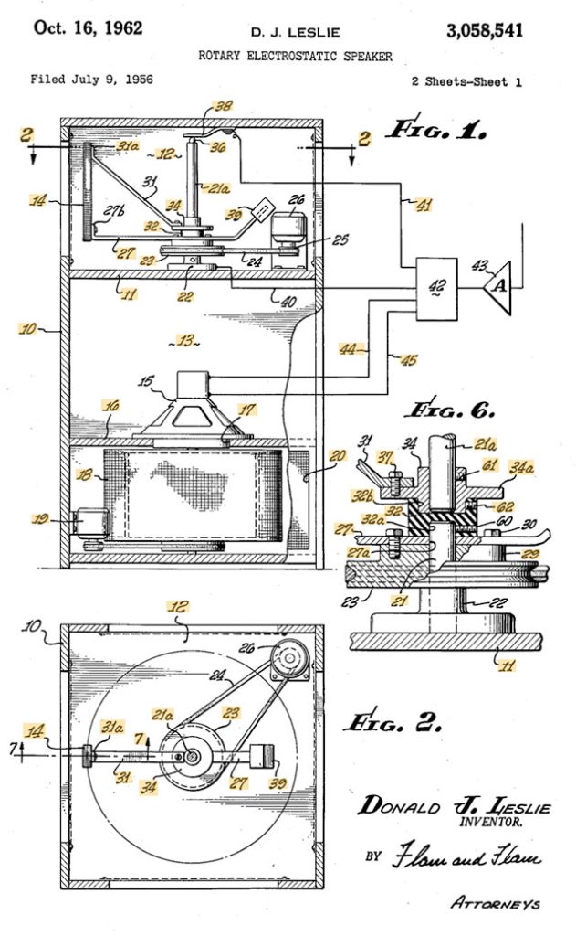 Illustration accompanying Donald Leslie's 1962 patent application of what eventually became known as the Leslie speaker