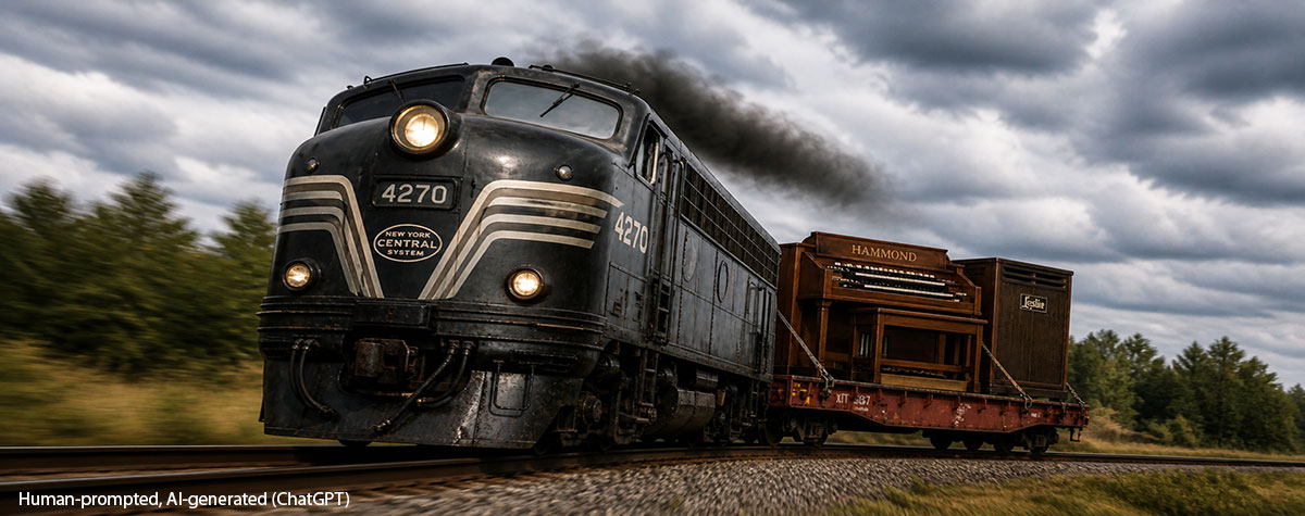 AI-generated image: speeding locomotive pulling a flatbed car carrying a giant Hammond organ and Leslie speaker