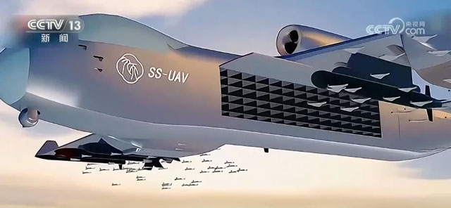 A rendering shown on Chinese state television depicting the launch of a swarm of smaller uncrewed aerial systems from a Jiutian drone. CCTV capture