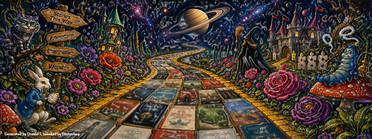 Header graphic - winding road paved with book covers leading to Saturn