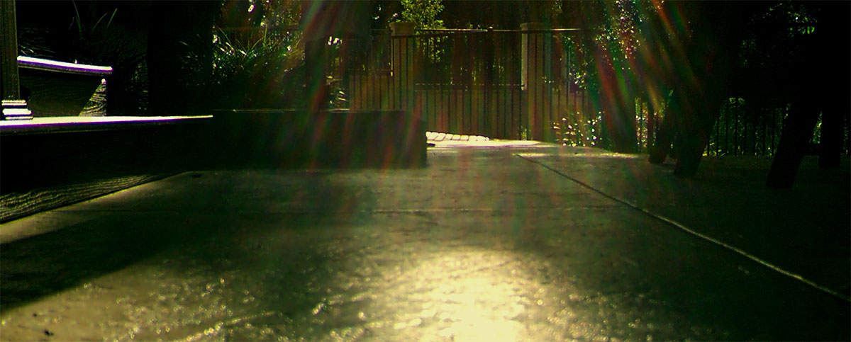 Photo: Afternoon sunshine reflecting of a rain-soaked sidewalk