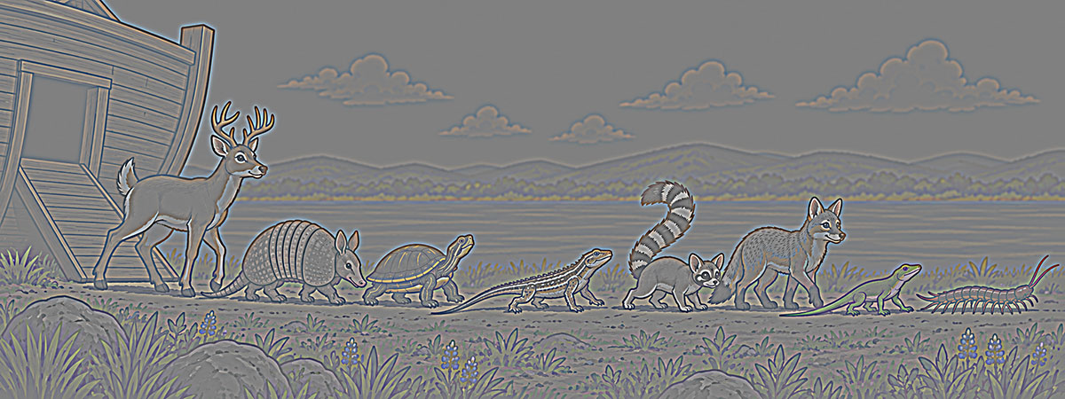 Line drawing: various animals emerging from an ark