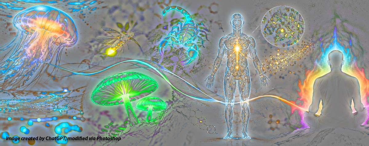 AI-generated image depicting bioluminescence, biofluorescence, ultra-weak photon emission, human aura