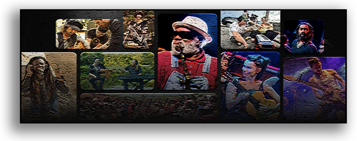 Stylized collage of images of featured performers and staff for Playing For Change videos